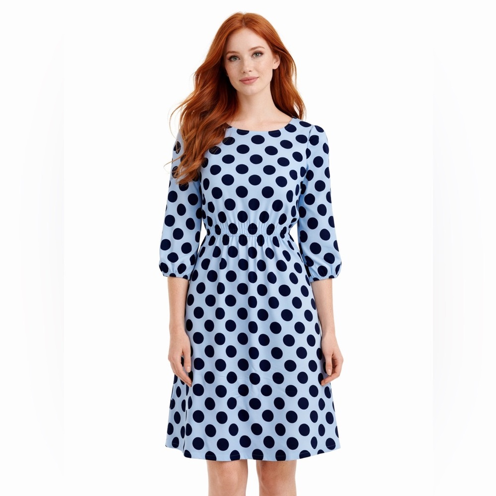 Piper & Scoot Blue Polka Dot Midi Dress XS Retro‎ A-Line Parisian Chic